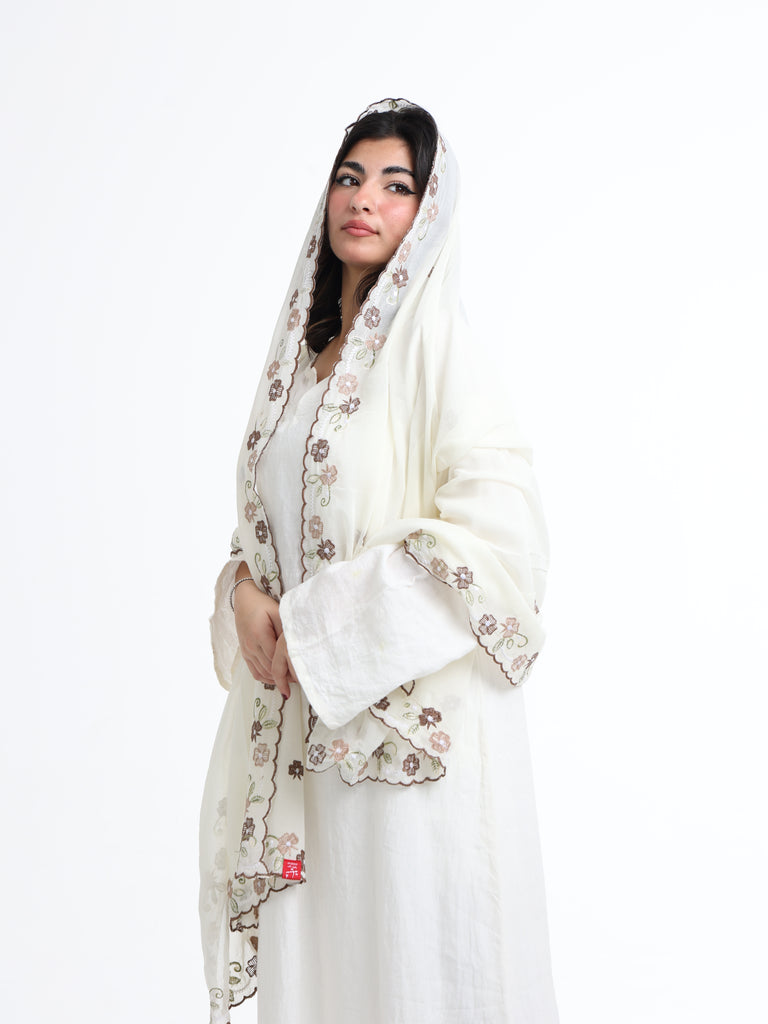 BD3-05 Border Embroidered Home Hijab — Off-White